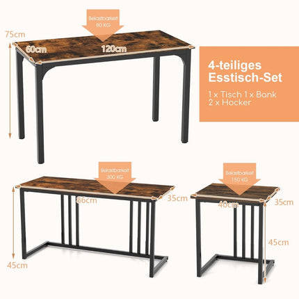 Dining table with bench &amp; 2 stools set of 4 kitchen table industrial dining group for kitchen 120 x 60 x 75 cm brown