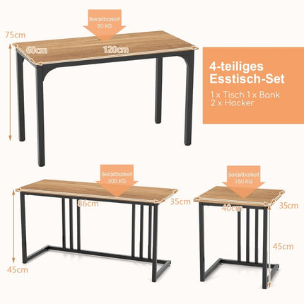 Dining table with bench &amp; 2 stools set of 4 kitchen table industrial dining group for kitchen 120 x 60 x 75 cm natural