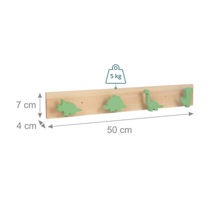 Dinosaur-Themed Kids' Coat Rack with 4 Hooks, Green