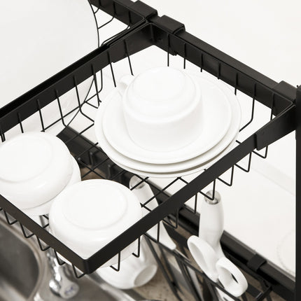 2-tier dish rack in black steel with hooks and drip tray