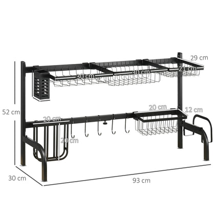 2-tier dish rack in black steel with hooks and drip tray