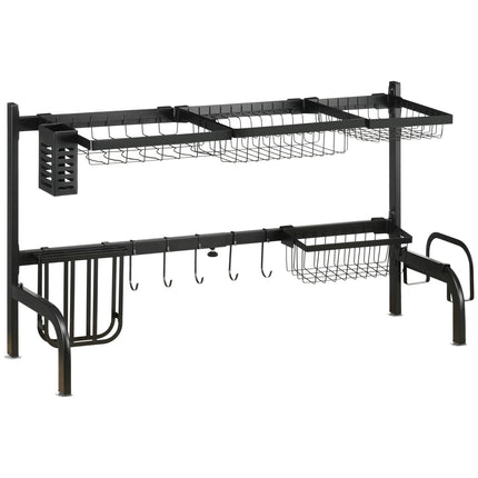 2-tier dish rack in black steel with hooks and drip tray