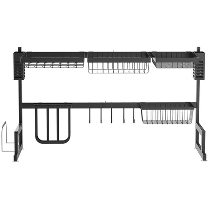 2-tier steel dish rack with hooks and tray, black