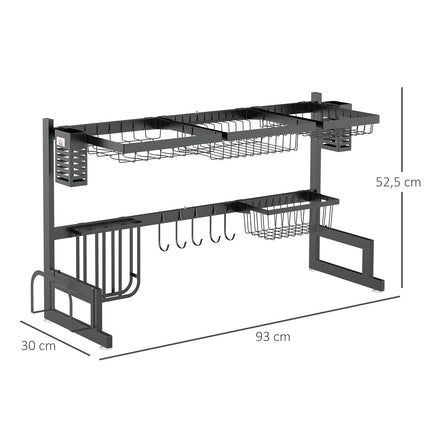 2-tier steel dish rack with hooks and tray, black