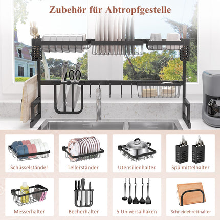 2-tier steel dish rack with hooks and tray, black