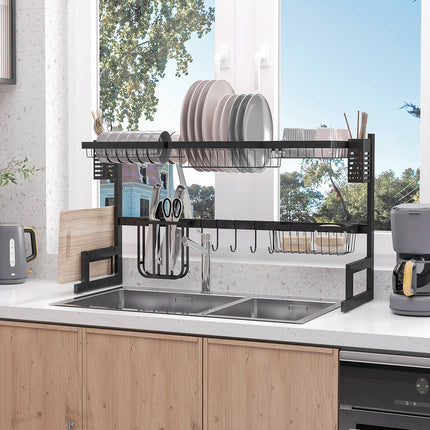2-tier steel dish rack with hooks and tray, black