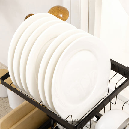 2-tier steel dish rack with hooks and tray, black