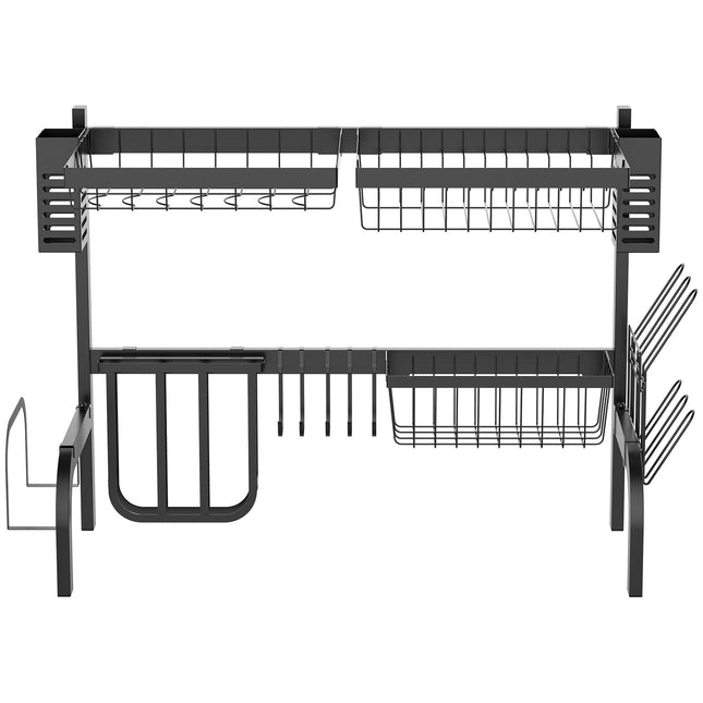 Afdruiprek Servies, 2-laags afdruiprek met haken, bordenrek, accessoires, 65cm afdruiprek voor aanrecht, staal, zwart |