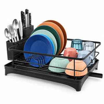 Dish Drainer with Rotating Drain and Cutlery Holder, Black, 43 cm Wide