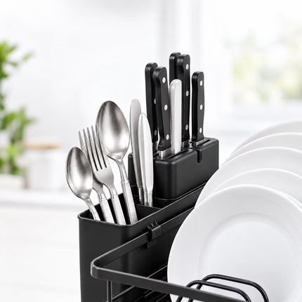 Dish Drainer with Rotating Drain and Cutlery Holder, Black, 43 cm Wide