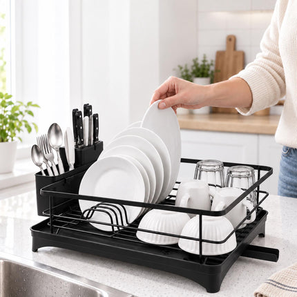 Dish Drainer with Rotating Drain and Cutlery Holder, Black, 43 cm Wide