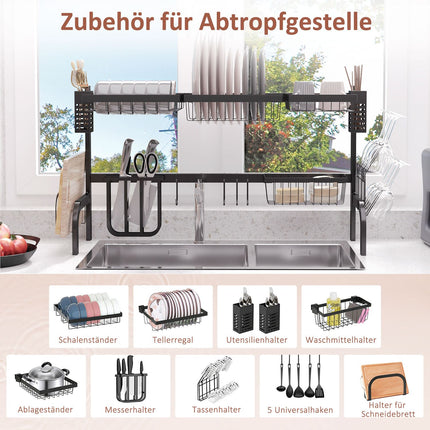 Dish drainer, 2-tier drainer with hooks, plate rack, accessories, 100 cm steel, black