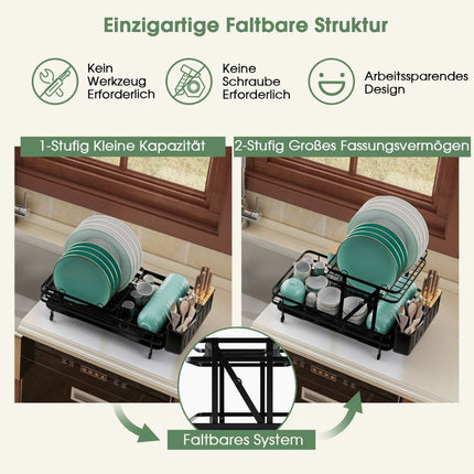 Dish drainer 2-tier folding dish rack made of metal black