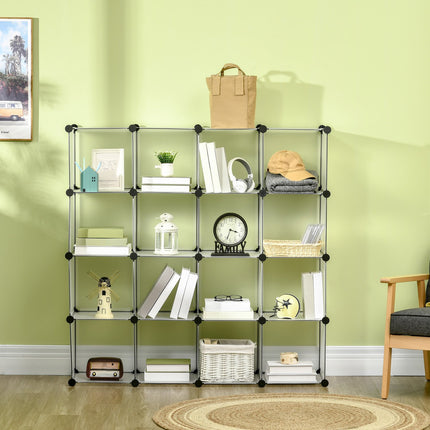 Cube storage system, 16 plastic shelves, white, 125x32x125cm