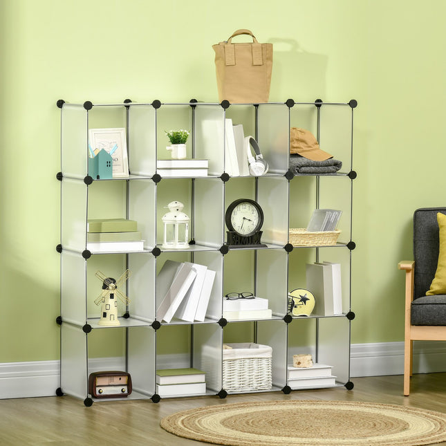 Cube storage system, 16 plastic shelves, white, 125x32x125cm