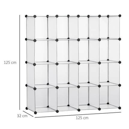 Cube storage system, 16 plastic shelves, white, 125x32x125cm
