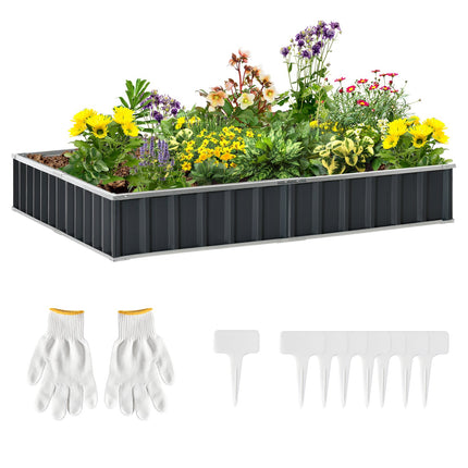 Steel raised garden bed with plant signs and gloves