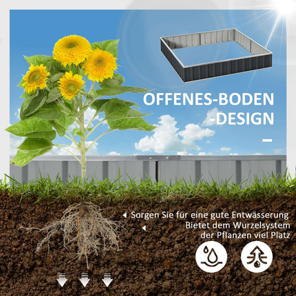 Steel raised garden bed with plant signs and gloves