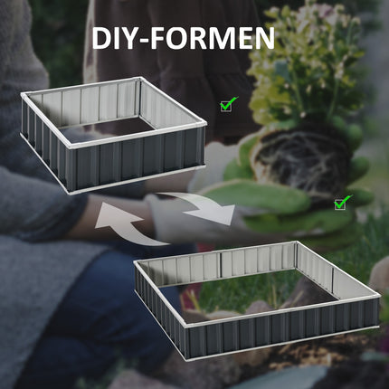 Steel raised garden bed with plant signs and gloves