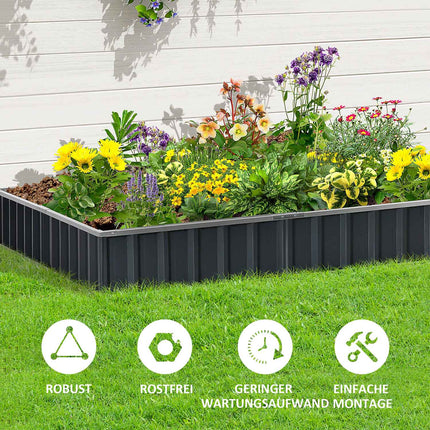 Steel raised garden bed with plant signs and gloves