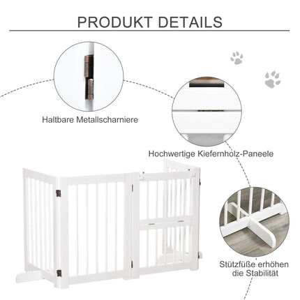 Collapsible dog safety gate with support feet, pine white