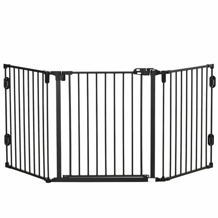 Adjustable dog barrier with automatic door, foldable 3 panels