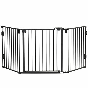 Adjustable dog barrier with automatic door, foldable 3 panels