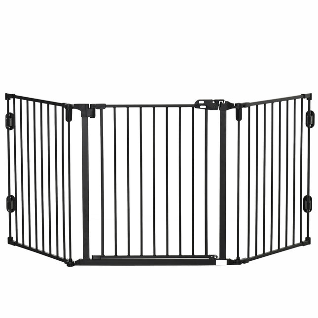 Adjustable dog barrier with automatic door, foldable 3 panels