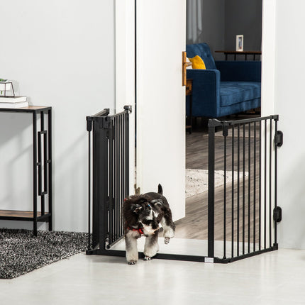 Adjustable dog barrier with automatic door, foldable 3 panels