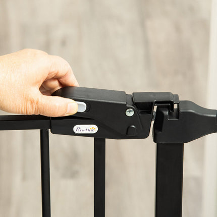Adjustable dog barrier with automatic door, foldable 3 panels