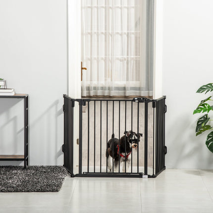 Adjustable dog barrier with automatic door, foldable 3 panels