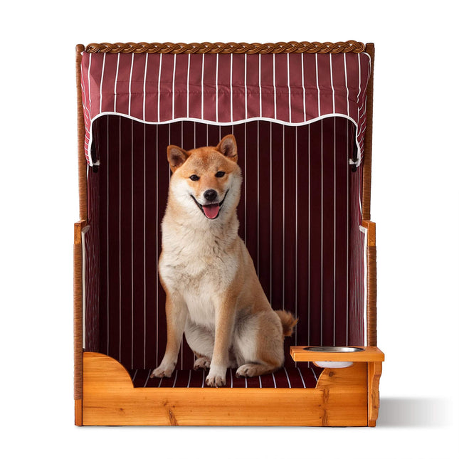 Dog Beach Chair, Wood & Rattan with Bowl