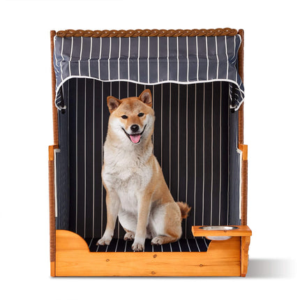 Dog Beach Chair with Bowl – Wood & Rattan