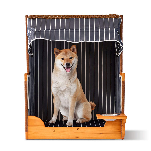 Dog Beach Chair with Bowl – Wood & Rattan