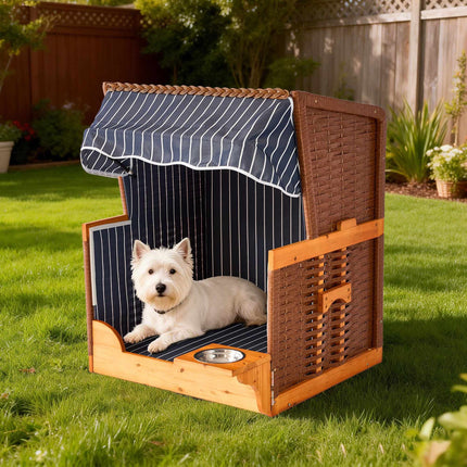 Dog Beach Chair with Bowl – Wood & Rattan
