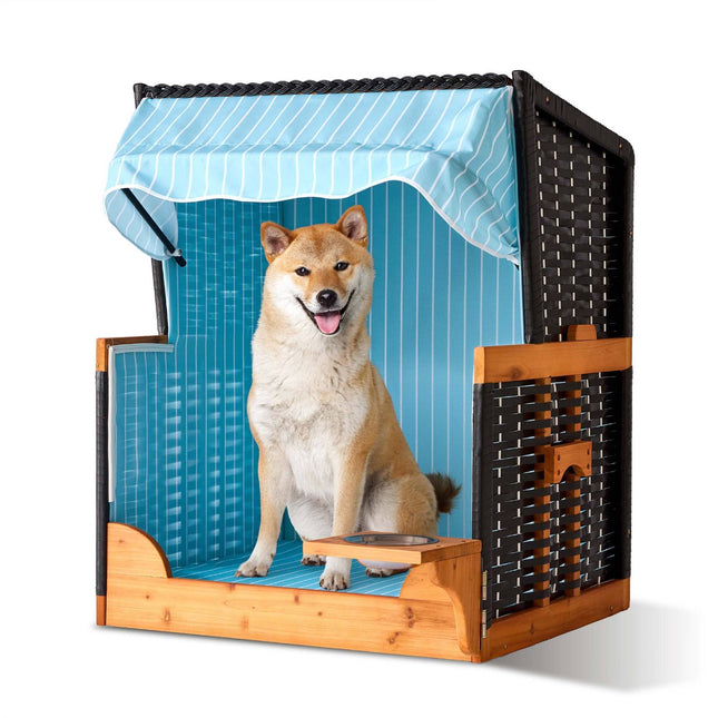 Dog Beach Chair with Bowl – Wood & Rattan