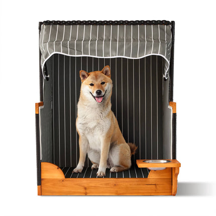 Dog Beach Chair with Bowl, Wood & Rattan