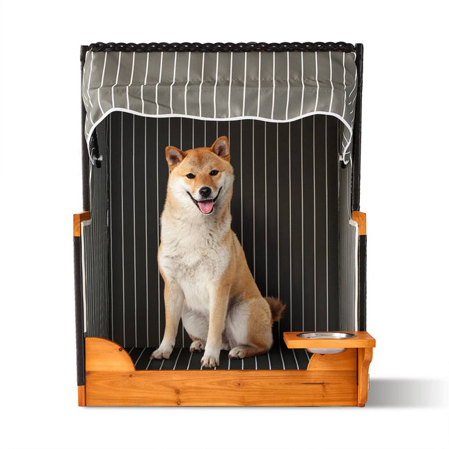Dog Beach Chair with Bowl, Wood & Rattan