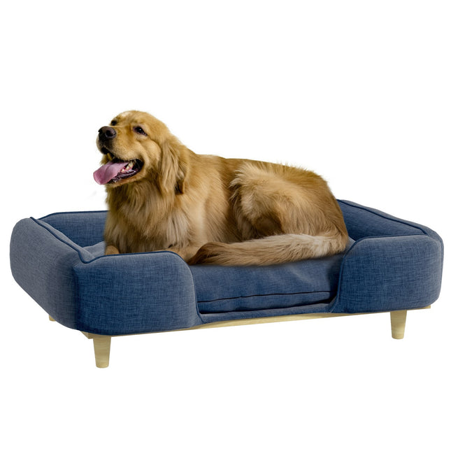 Dark blue dog bed sofa with wooden legs, 96x66x24 cm