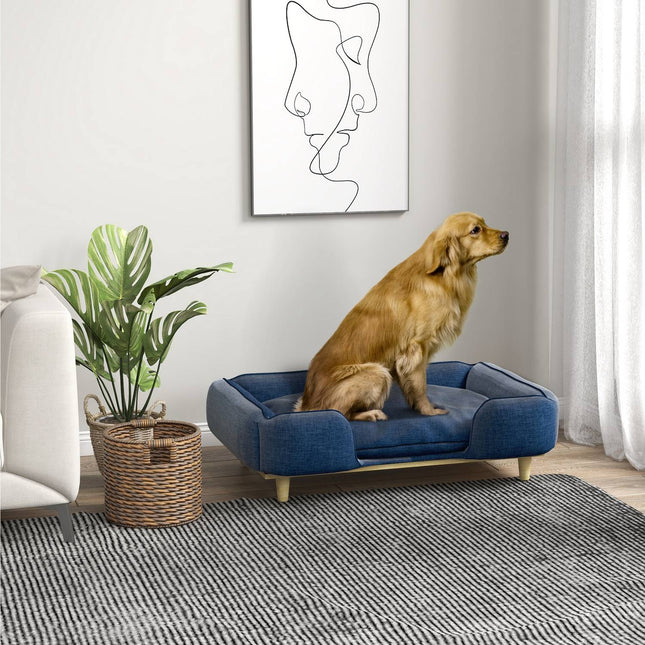 Dark blue dog bed sofa with wooden legs, 96x66x24 cm