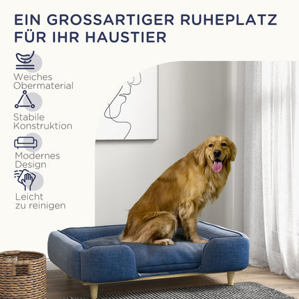 Dark blue dog bed sofa with wooden legs, 96x66x24 cm
