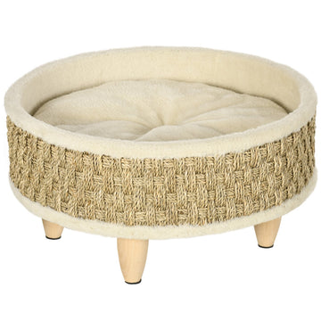 Elevated dog bed with washable cushion, seaweed rope