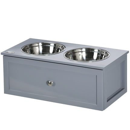 Dog feeding station in stainless steel, double bowls, gray