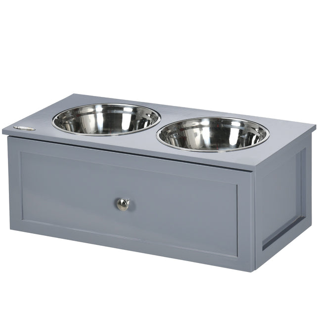 Dog feeding station in stainless steel, double bowls, gray