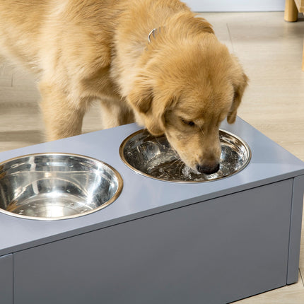 Dog feeding station in stainless steel, double bowls, gray