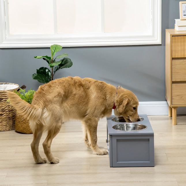 Dog feeding station in stainless steel, double bowls, gray