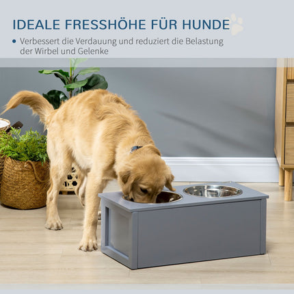 Dog feeding station in stainless steel, double bowls, gray
