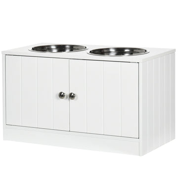 Raised dog bowl stand with storage & 2 steel bowls