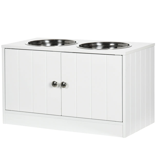 Raised dog bowl stand with storage & 2 steel bowls