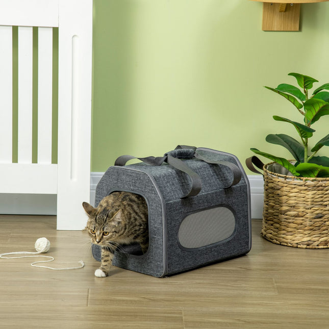 Pet transport box with mesh window and cushion, gray